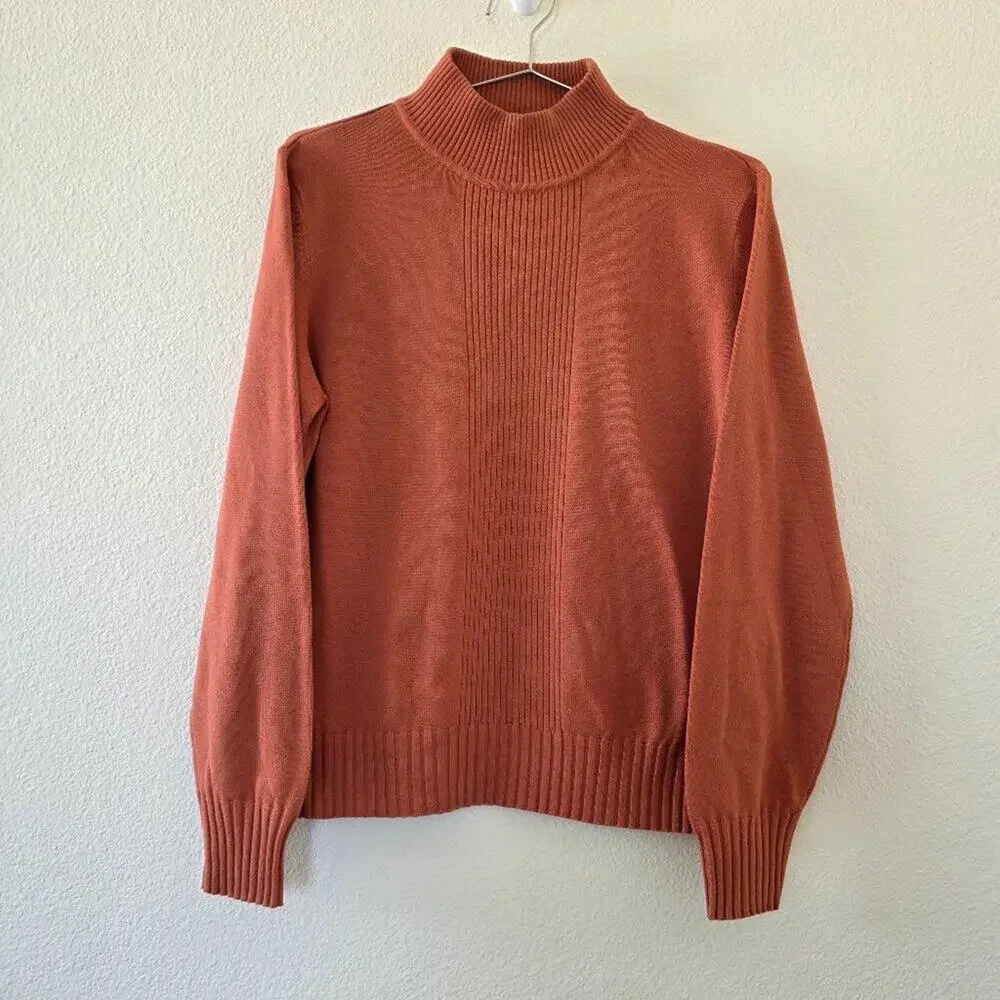 Dressbarn Rust Mock Neck Sweater Womens Size M Ribbed Pullover Burnt Orange